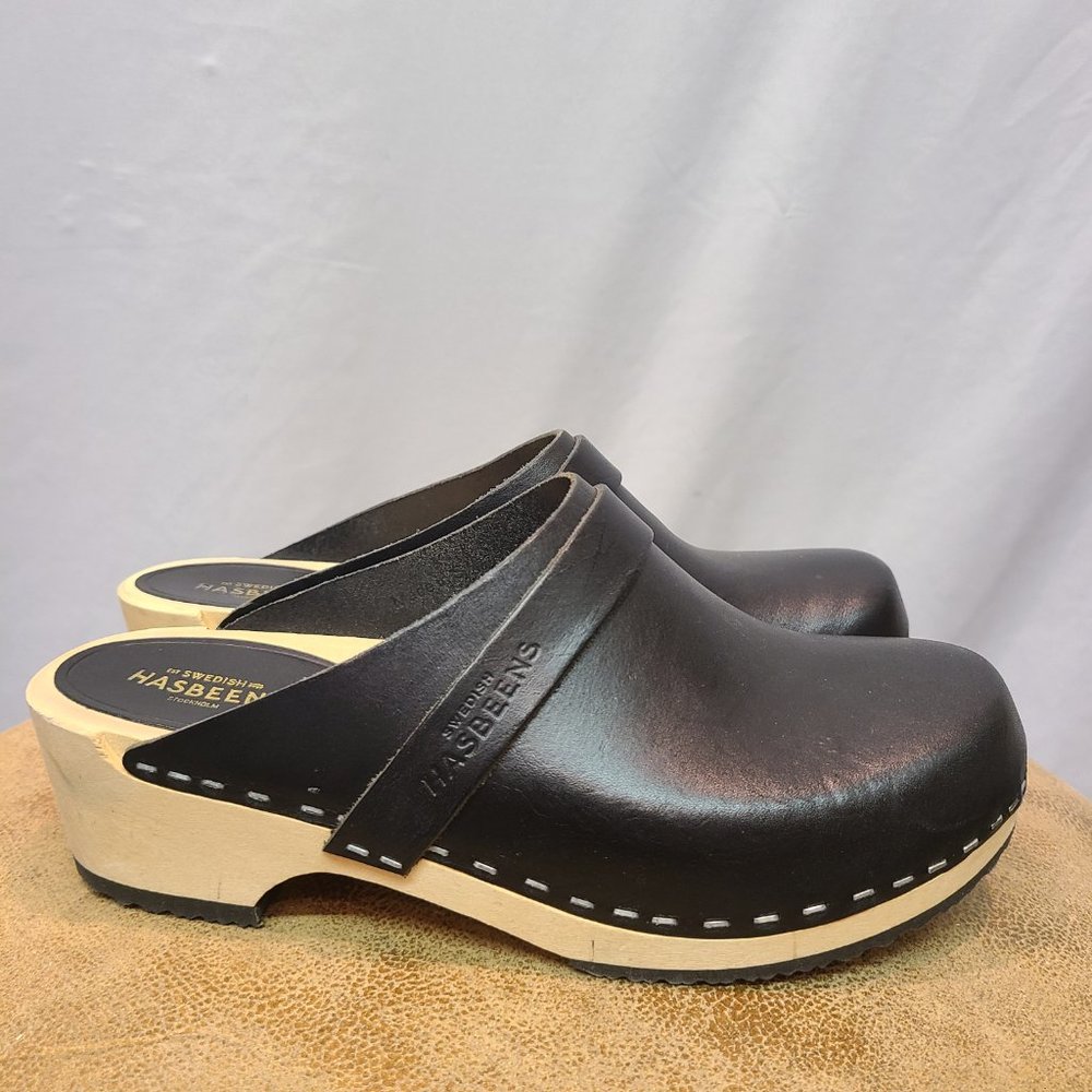 Swedish Hasbeens Husband Clogs Black Leather Slip On Shoes Womens 37  US 7